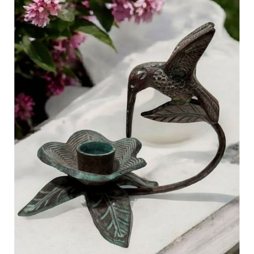 Bronze Hummingbird & Flower Sculpture Candle Holder Bird Floral Leaves Verdigris